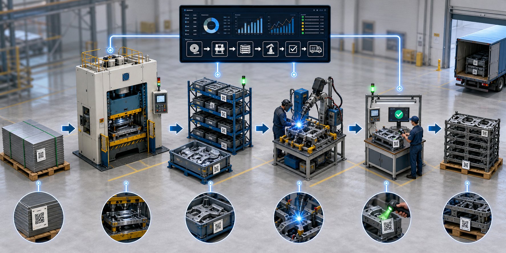Illustration of META transforming fragmented manual and prototype manufacturing transactions into a connected digital MES transaction chain